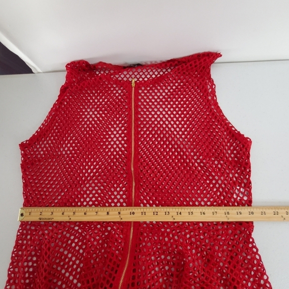 Fish Net Zip Front Peplum Top Size 3X Red Sleeveless Open Weave Tunic Stretch - Picture 7 of 12
